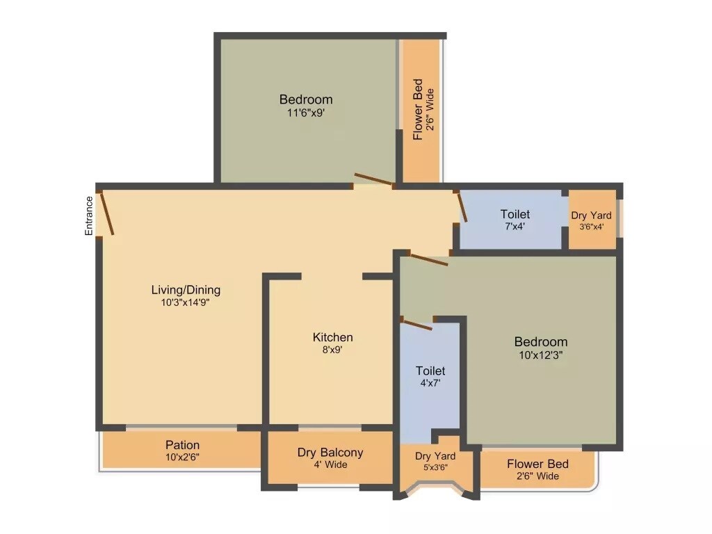 Floor plan of 2 BHK 1000 Sq. Ft. Apartment in Sadguru Paradise, Thane