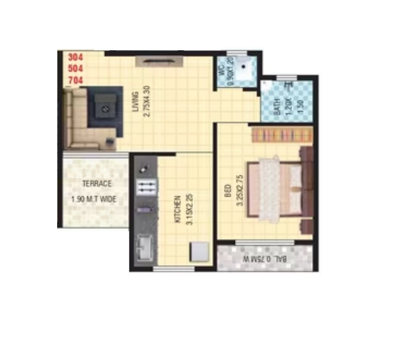 Floor plan of 1 BHK 380 Sq. Ft. Apartment in Sadguru Symphony Phase II, Thane