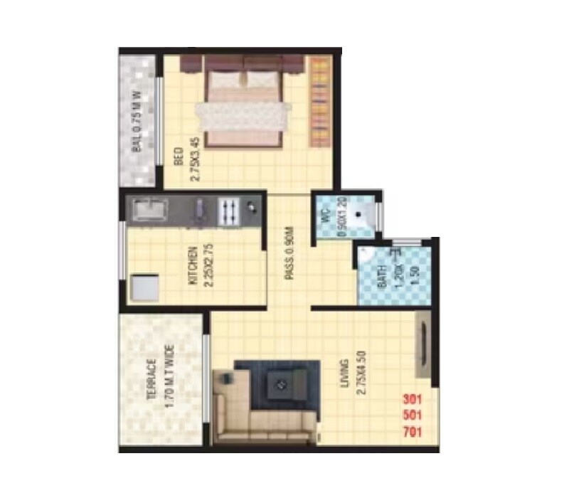 Floor plan of 1 BHK 426 Sq. Ft. Apartment in Sadguru Symphony Phase II, Thane
