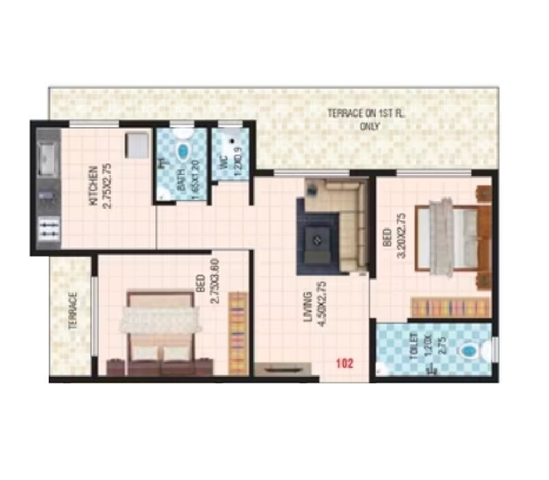 Floor plan of 2 BHK 550 Sq. Ft. Apartment in Sadguru Symphony Phase II, Thane