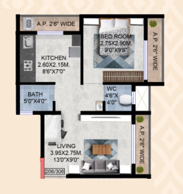Floor plan of 1 BHK 400 Sq. Ft. Apartment in Sagar Greens, Thane