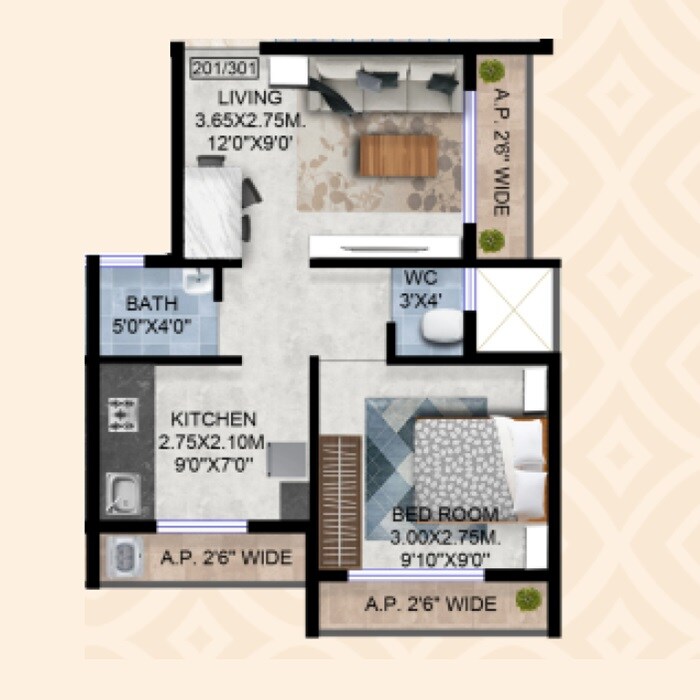 Floor plan of 1 BHK 416 Sq. Ft. Apartment in Sagar Greens, Thane