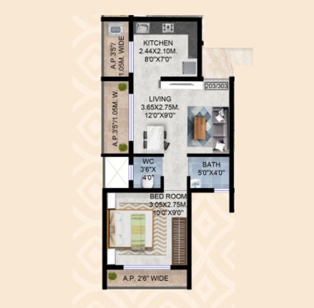 Floor plan of 1 BHK 422 Sq. Ft. Apartment in Sagar Greens, Thane