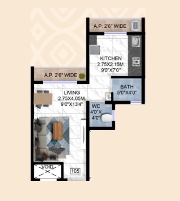 Floor plan of 284 Sq. Ft. Studio in Sagar Greens, Thane