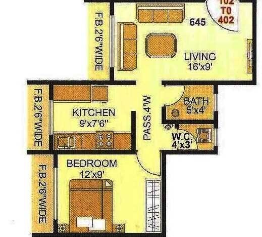 Floor plan of 1 BHK 326 Sq. Ft. Apartment in Sagar Om Savai Niketan, Thane