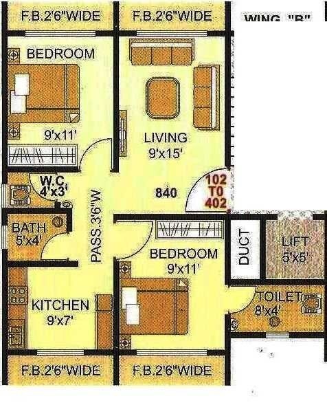 Floor plan of 2 BHK 402 Sq. Ft. Apartment in Sagar Om Savai Niketan, Thane