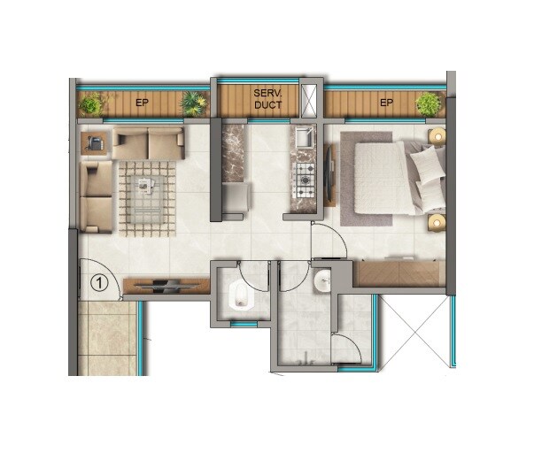 Floor plan of 1 BHK 353 Sq. Ft. Apartment in Sagar Veda, Thane