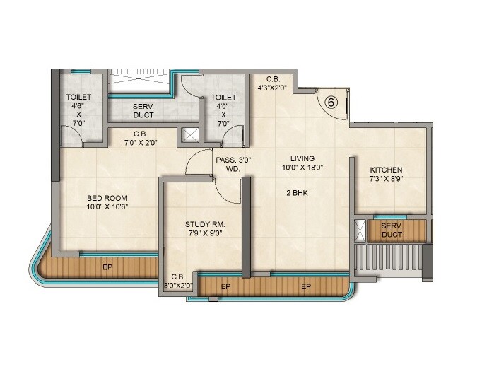 Floor plan of 2 BHK 454 Sq. Ft. Apartment in Sagar Veda, Thane