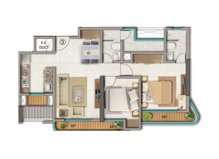 Floor plan of 2 BHK 509 Sq. Ft. Apartment in Sagar Veda, Thane