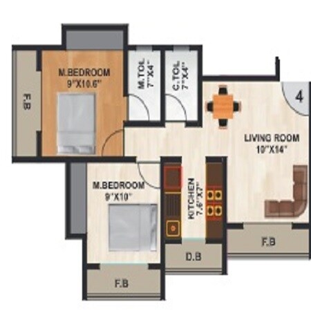 Floor plan of 2 BHK 554 Sq. Ft. Apartment in Sahakar Premier, Thane
