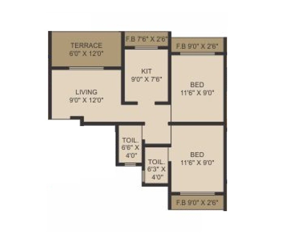 Floor plan of 2 BHK 451 Sq. Ft. Apartment in Sahayog Nilayam, Thane