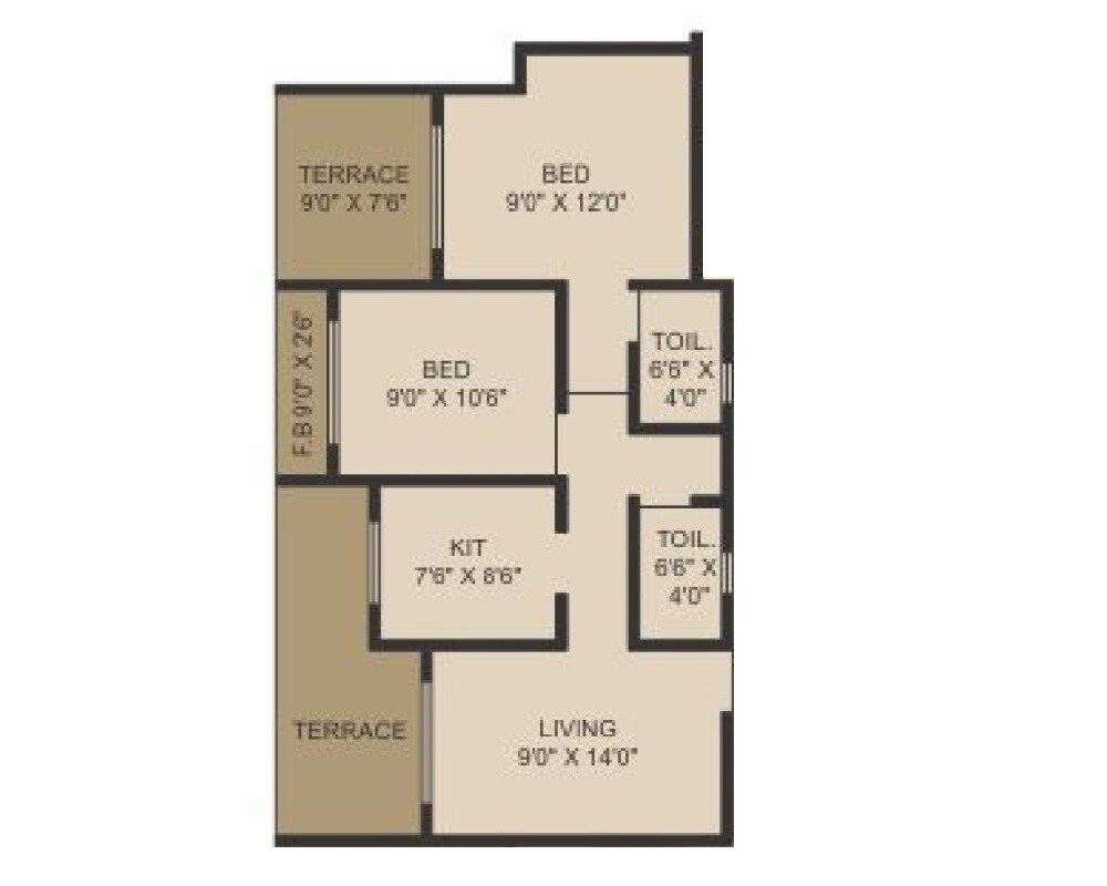 Floor plan of 2 BHK 523 Sq. Ft. Apartment in Sahayog Nilayam, Thane
