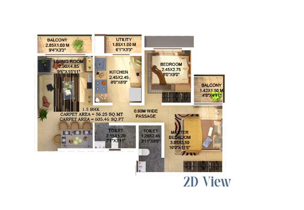Floor plan of 2 BHK 605 Sq. Ft. Apartment in Sahyadri Lifespaces, Thane