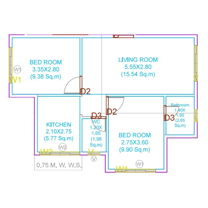Floor plan of 2 BHK Apartment - 522 sq. ft. in Sai Anand Apartment, Thane
