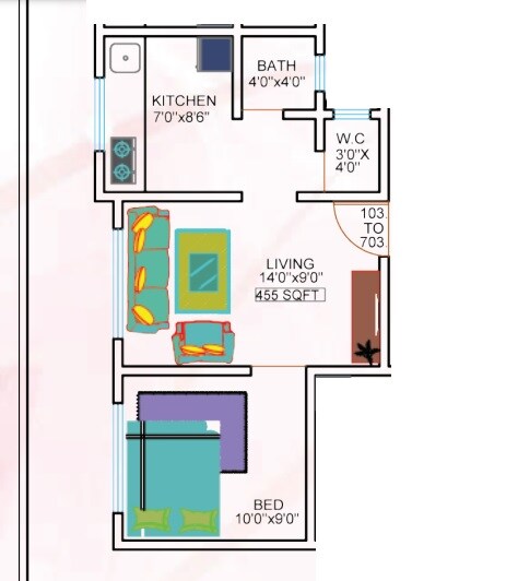 Floor plan of 1 BHK 455 Sq. Ft. Apartment in Sai Angan Ashirwad Apartments, Thane