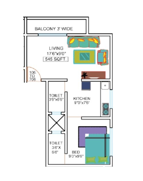 Floor plan of 1 BHK 545 Sq. Ft. Apartment in Sai Angan Ashirwad Apartments, Thane