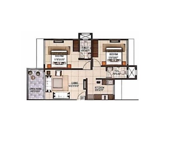 Floor plan of 2 BHK 592 Sq. Ft. Apartment in Sai Balaji Emerald, Thane
