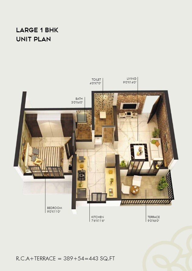 Floor plan of 1 BHK 443 Sq. Ft. Apartment in Sai Balaji Estate, Thane