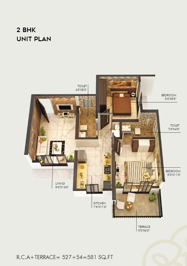 Floor plan of 2 BHK 581 Sq. Ft. Apartment in Sai Balaji Estate, Thane