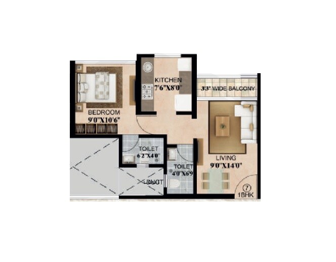 Floor plan of 1 BHK 455 Sq. Ft. Apartment in Sai Balaji Kanha, Thane