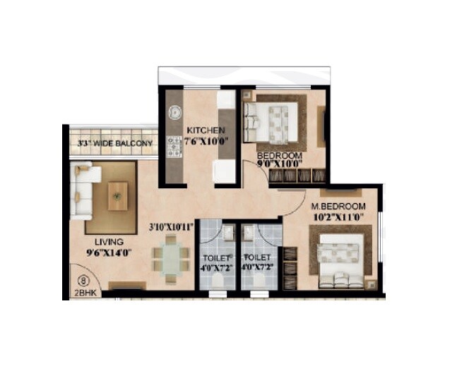 Floor plan of 2 BHK 615 Sq. Ft. Apartment in Sai Balaji Kanha, Thane