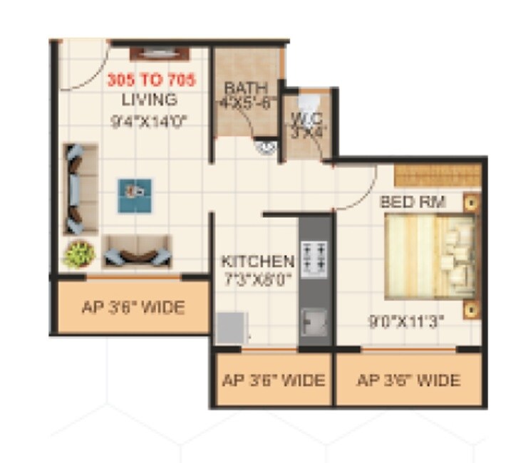 Floor plan of 1 BHK 400 Sq. Ft. Apartment in Sai Krupa Darshan, Thane