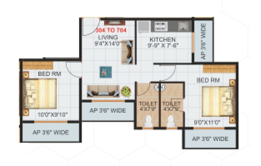 Floor plan of 2 BHK 630 Sq. Ft. Apartment in Sai Krupa Darshan, Thane
