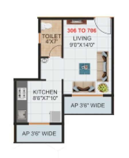 Floor plan of 268 Sq. Ft. Studio in Sai Krupa Darshan, Thane
