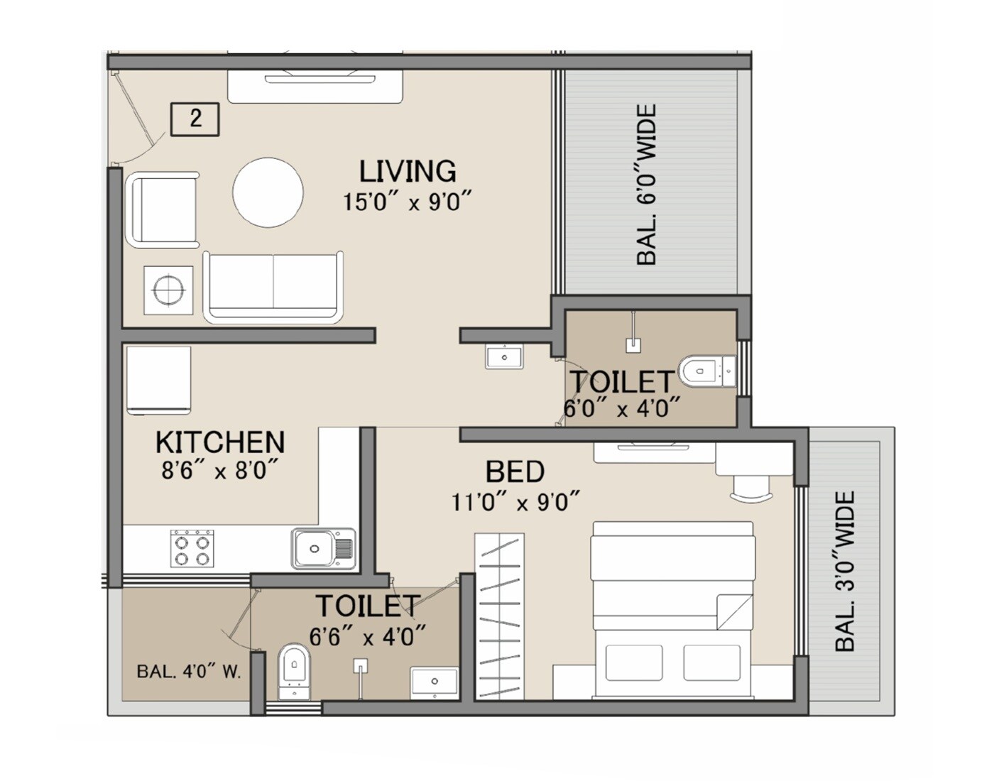 Floor plan of 1 BHK 488 Sq. Ft. Apartment in Sai Leela Galaxy, Thane