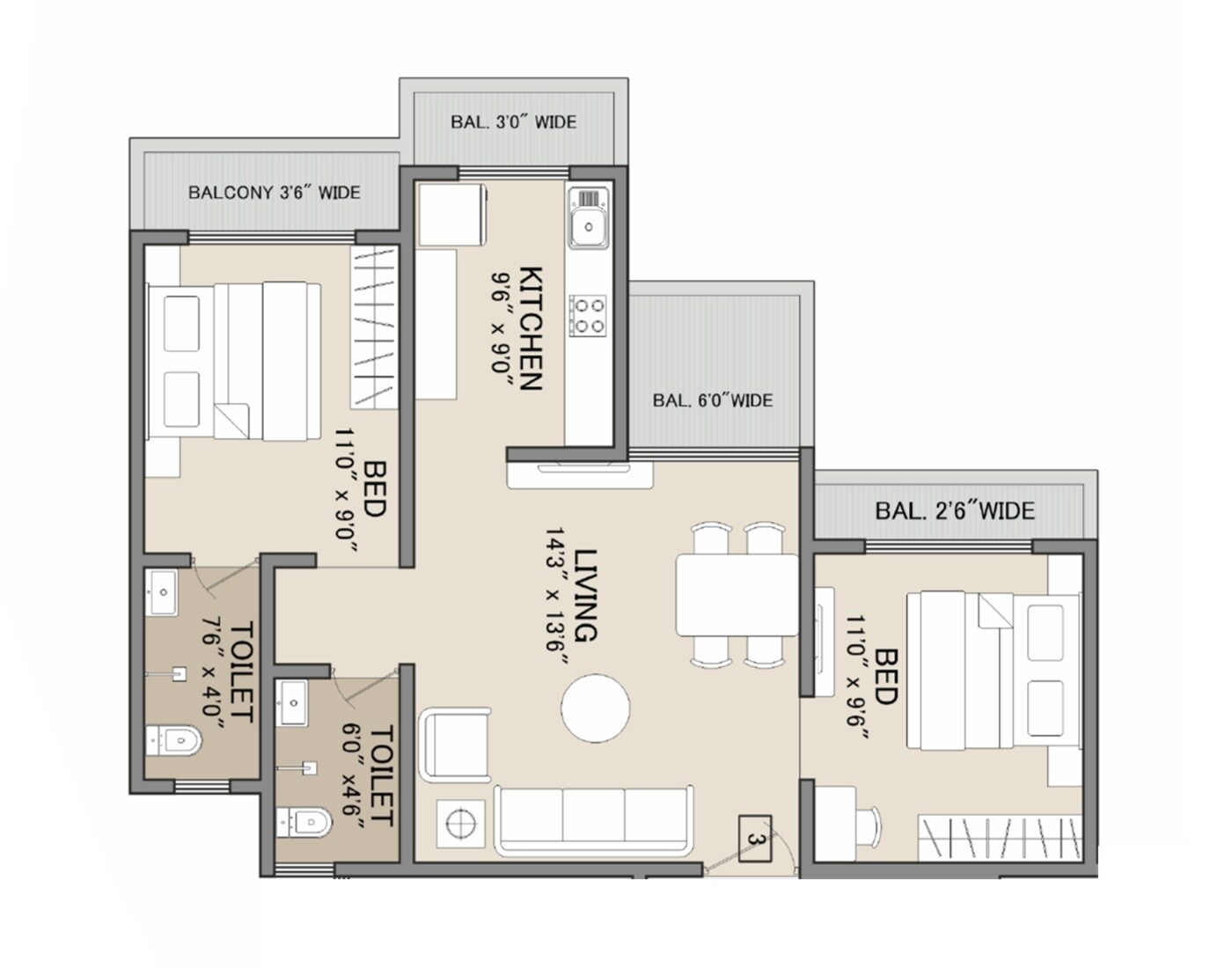 Floor plan of 2 BHK 677 Sq. Ft. Apartment in Sai Leela Galaxy, Thane