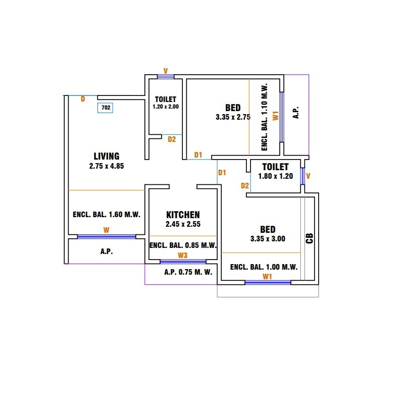 Floor plan of 2 BHK Apartment - 411 sq. ft. in Sai Narayan, Thane