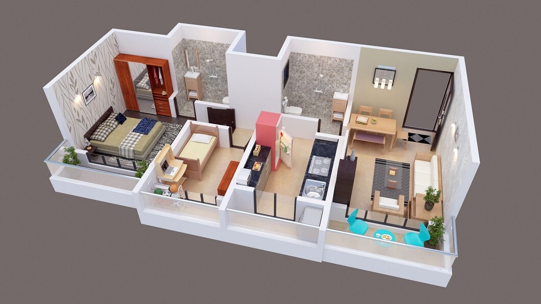 Floor plan of 2 BHK 597 Sq. Ft. Apartment in MM Sai Narayana Residency, Thane