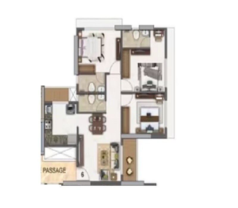 Floor plan of 3 BHK 769 Sq. Ft. Apartment in Sai Park Chikan Ghar, Thane