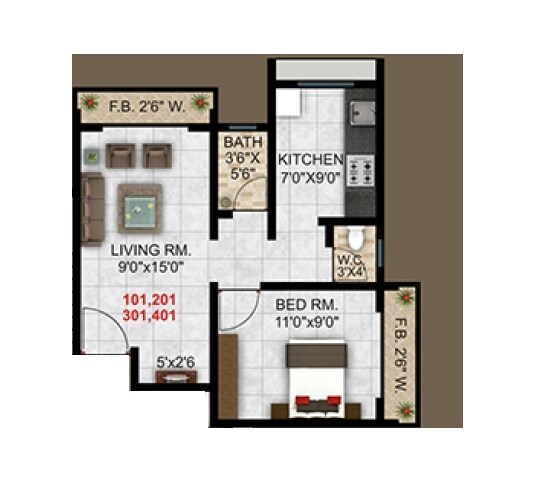 Floor plan of 1 BHK 298 Sq. Ft. Apartment in Sai Saraswati Apartment, Thane