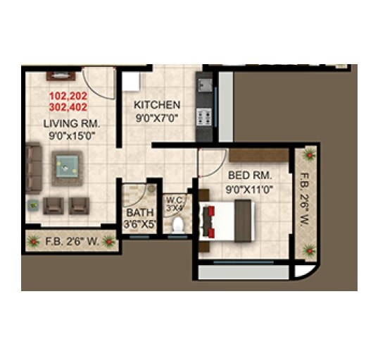 Floor plan of 1 BHK 368 Sq. Ft. Apartment in Sai Saraswati Apartment, Thane
