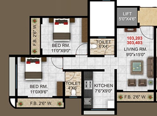 Floor plan of 2 BHK 416 Sq. Ft. Apartment in Sai Saraswati Apartment, Thane