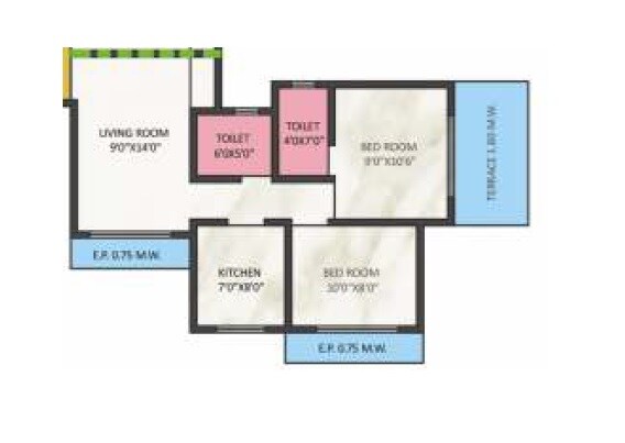 Floor plan of 2 BHK 460 Sq. Ft. Apartment in Sai Satyam Homes, Thane