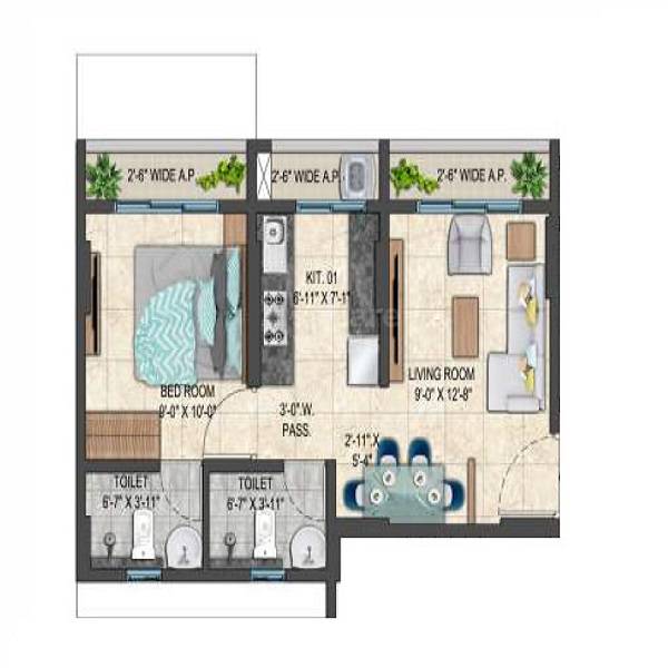 Floor plan of 1 BHK 429 Sq. Ft. Apartment in Sai Satyam Residency Kalyan West, Thane