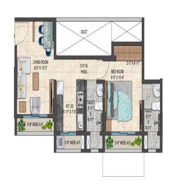 Floor plan of 1 BHK 481 Sq. Ft. Apartment in Sai Satyam Residency Kalyan West, Thane