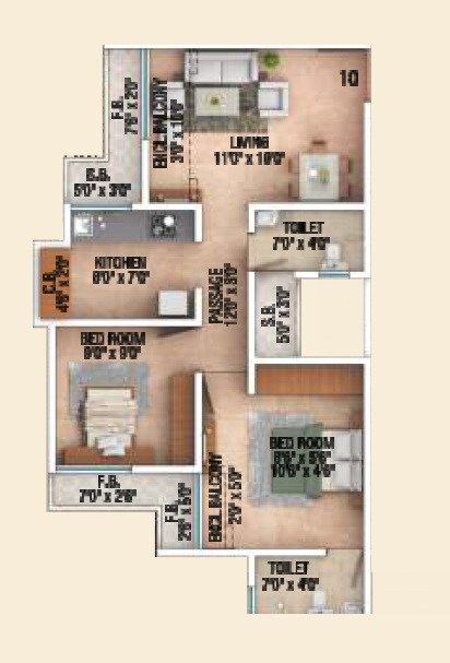 Floor plan of 2 BHK 516 Sq. Ft. Apartment in Sai Shrushti Heritage, Thane