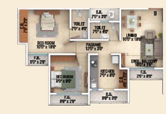 Floor plan of 2 BHK 521 Sq. Ft. Apartment in Sai Shrushti Heritage, Thane
