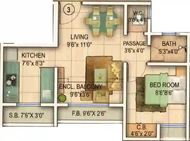 Floor plan of 1 BHK 315 Sq. Ft. Apartment in Sai Shrushti Sapphire, Thane