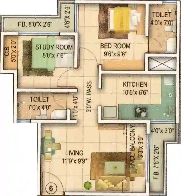 Floor plan of 2 BHK 486 Sq. Ft. Apartment in Sai Shrushti Sapphire, Thane