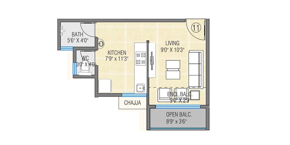 Floor plan of 270 Sq. Ft. Studio in Sai Shrushti Vatika, Thane