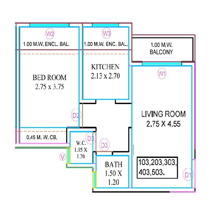 Floor plan of 1 BHK Apartment - 370 sq. ft. in Sai Siddhi Park, Thane