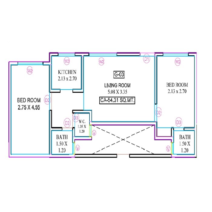 Floor plan of 2 BHK Apartment - 584 sq. ft. in Sai Siddhi Park, Thane