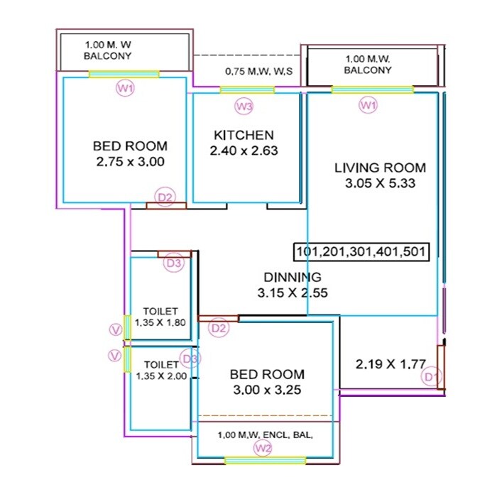Floor plan of 2 BHK Apartment - 619 sq. ft. in Sai Siddhi Park, Thane