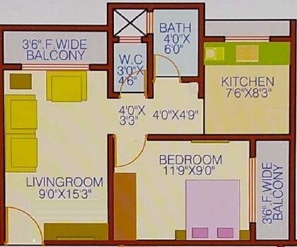Floor plan of 1 BHK 439 Sq. Ft. Apartment in Sai Vandana Dombivli, Thane