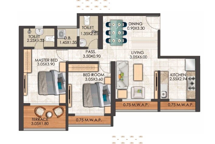 Floor plan of 2 BHK 806 Sq. Ft. Apartment in Saideep Chavan Advaitam, Thane