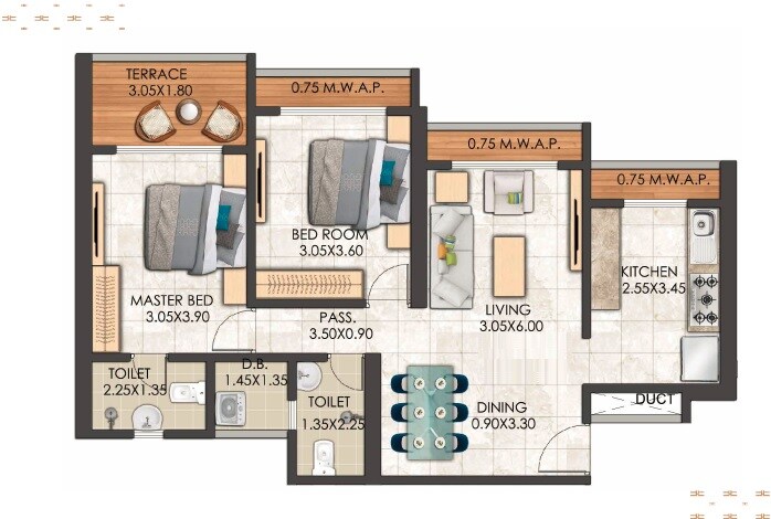 Floor plan of 2 BHK 821 Sq. Ft. Apartment in Saideep Chavan Advaitam, Thane